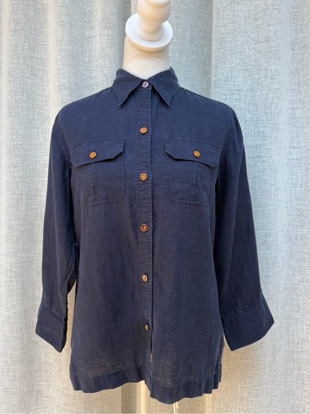 Lauren Ralph Lauren navy blue linen chest pockets anchor sleeve embroidery FLAW